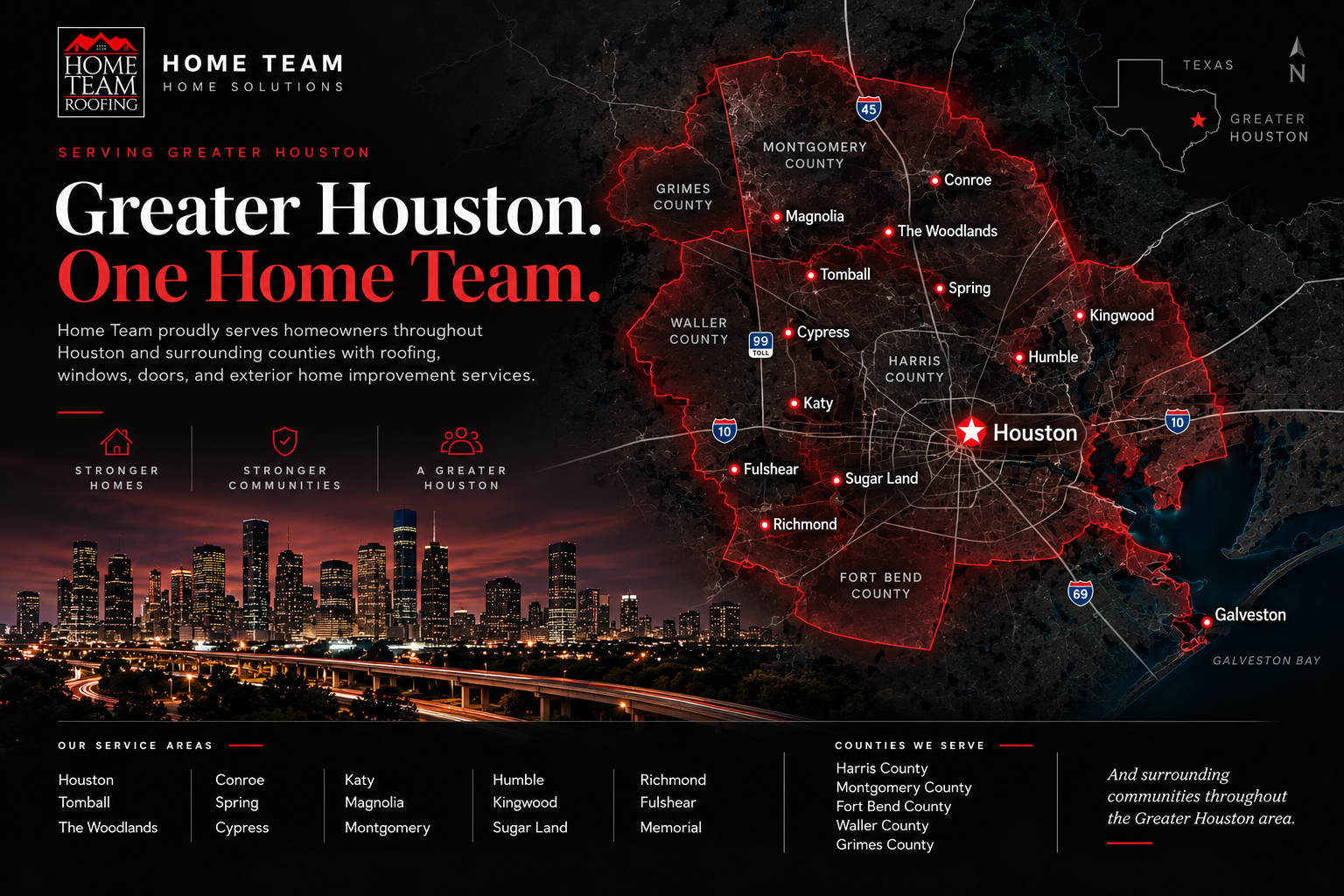 Home Team service area map — Greater Houston, Harris, Montgomery, Fort Bend, Waller, and Grimes counties